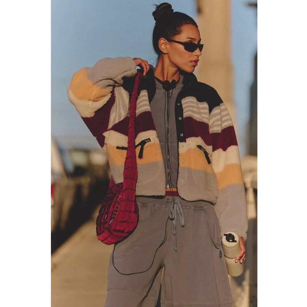 Free People Movement Hit The Slopes Printed Fleece Jacket Papaya Stripe Small - Picture 12 of 13